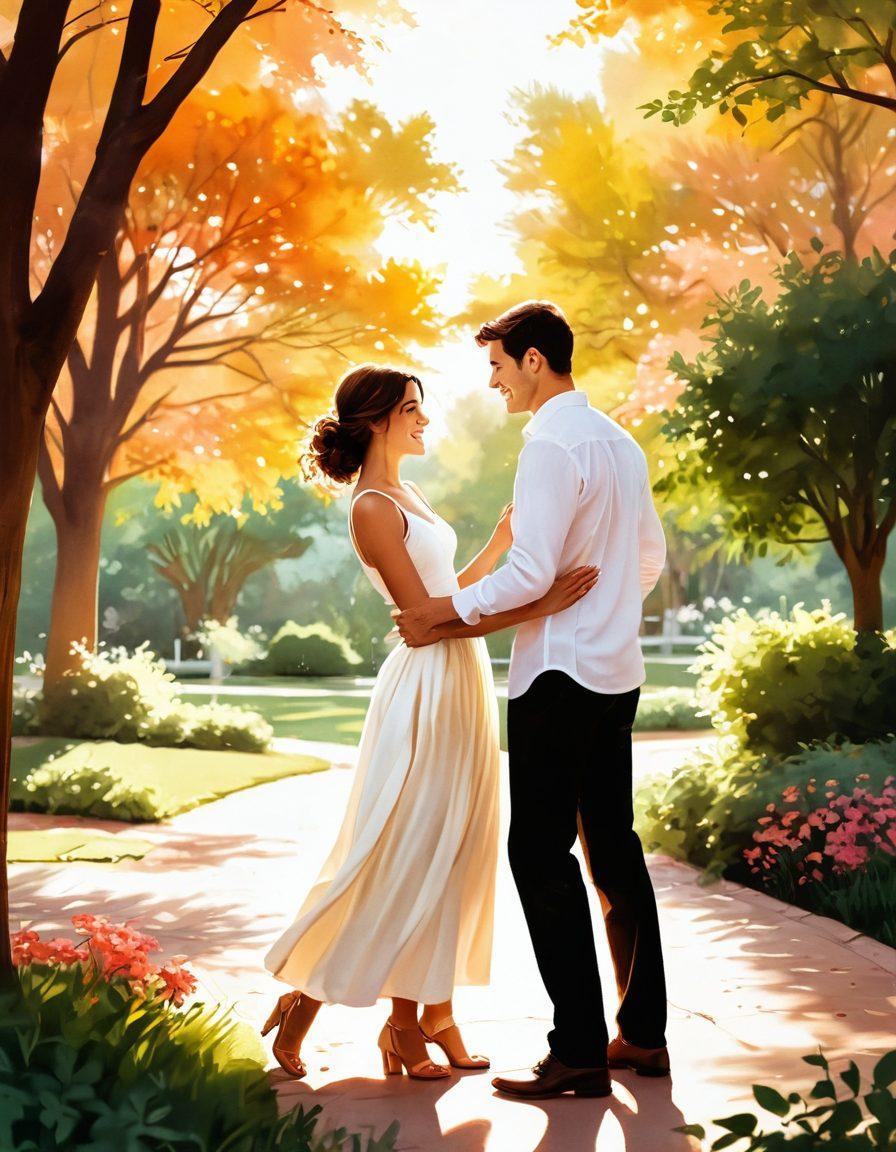 A heartfelt scene depicting a couple on their journey through different stages of a romantic relationship. Starting with playful flirtation in a sunlit park, transitioning to emotional support in a cozy home, and culminating in a wedding ceremony surrounded by friends and family. Use warm colors to evoke love and connection, capturing both joyful and tender moments. romantic illustration. warm color palette. soft lighting.