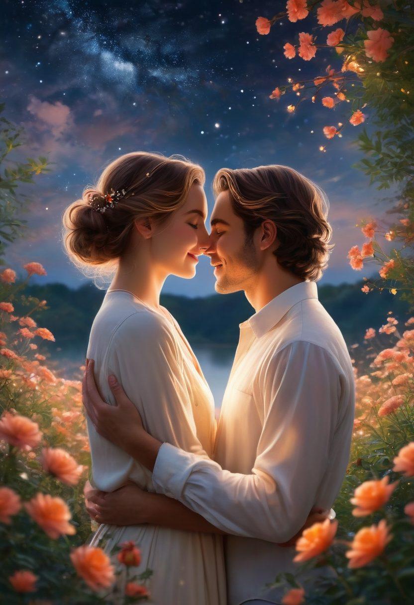 A tender scene of a couple sharing a warm, intimate moment under a starlit sky, their hands entwined and smiles radiant, surrounded by vibrant flowers symbolizing growth and affection. Soft, warm colors evoke a sense of love and connection, with an ethereal glow highlighting their features. Elements of nature, like a gentle breeze and twinkling fireflies, enhance the romantic atmosphere. super-realistic. warm colors. starlit background.