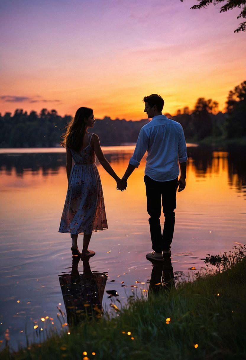 A couple holding hands at sunset, surrounded by glowing fireflies that symbolize love and connection, with a soft focus on their joyful expressions. In the background, a serene lake reflects the vibrant colors of the sky, signifying lasting romance. The scene should evoke warmth, intimacy, and the magic of togetherness. super-realistic. vibrant colors. serene atmosphere.